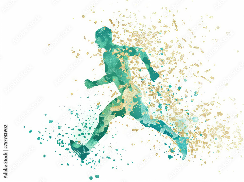 an illustration of a running athlete made from turquoise and beige particles on a white background