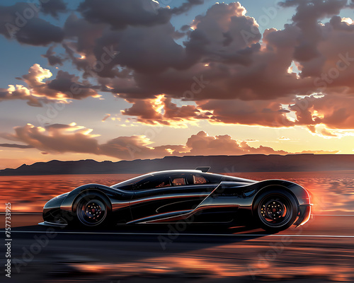 A sleek sports car speeds past  its glossy surface reflecting a futuristic vibe against a desert sunset backdrop  complete with distant clouds and expert shading.