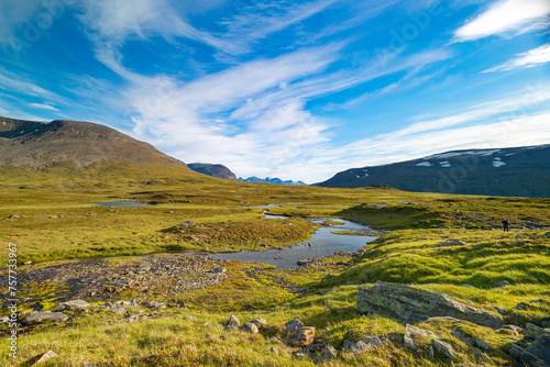 A small, rocky mountain stream in Sarek National Park, Sweden. A beautiful summer landscape with water flow in Northern Europe wilderness.