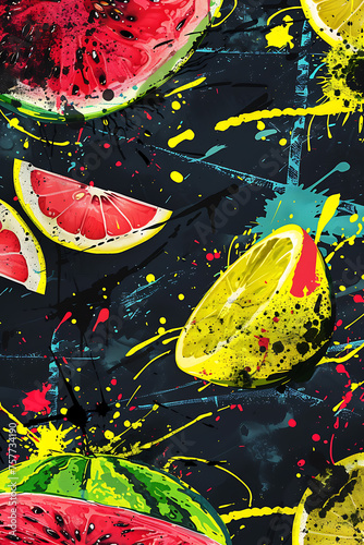 Urban-inspired graffiti murals blend grunge aesthetics with summer elements like watermelons and lemons in bold neon hues.