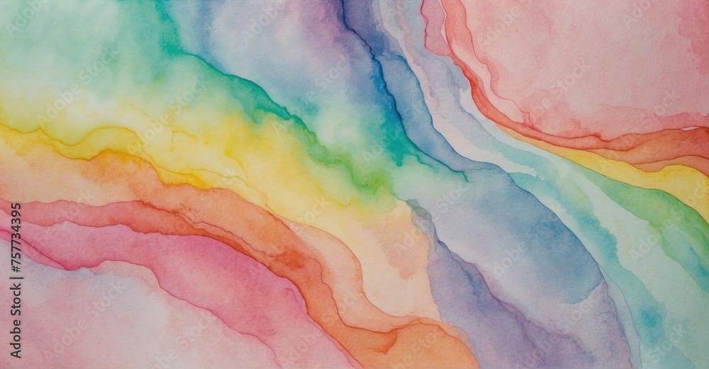 Abstract watercolor on paper featuring rainbow pastel unicorn candy hues.