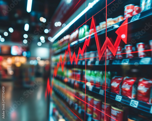 A supermarket aisle is overlaid with a dynamic economic graph, symbolizing the fluctuating trends in consumer goods and retail market performance