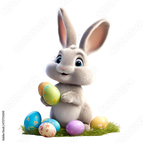 cute easter bunny with eggs on transparent background