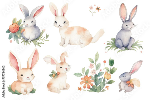 animals Watercolor rabbits set Summer Easter cute Baby illustration bunnies