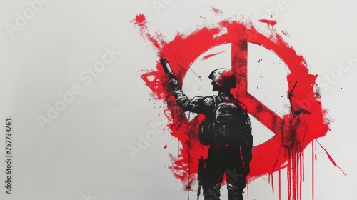 a soldier with a weapon, he is painting with a spray the symbol of peace, red colour
 photo