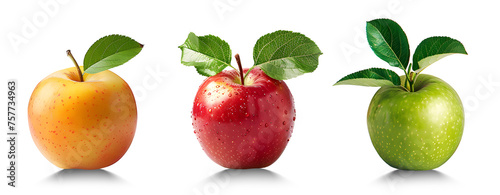 Collection of Red, Green, and Yellow Apple with leafs isolated PNG
