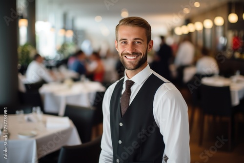 Smiling waiter Demonstrates good service and friendliness,