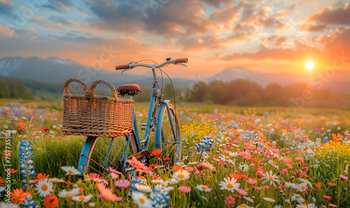 Bicycle with a wicker basket in a Beautiful spring landscape with colorful wildflowers in a green meadow, Generative AI  photo