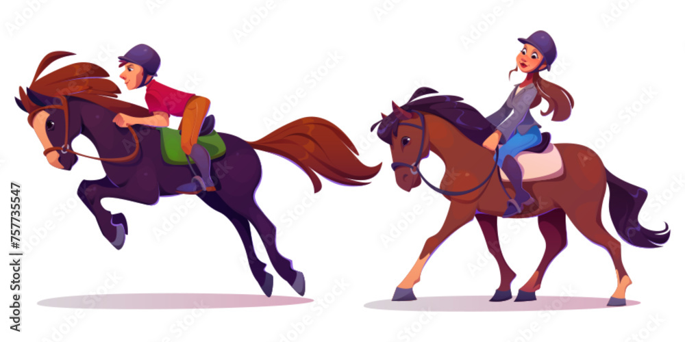 Horse rider man and woman in equipment. Cartoon vector illustration set of male and female character in helmet and uniforms ride on horseback. Equestrian school and racehorse training concept. - obrazy, fototapety, plakaty 