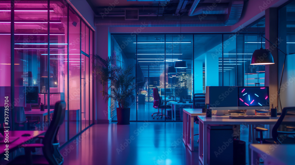 The interior of a contemporary office after hours, with neon lighting casting a futuristic glow over the sleek workspaces