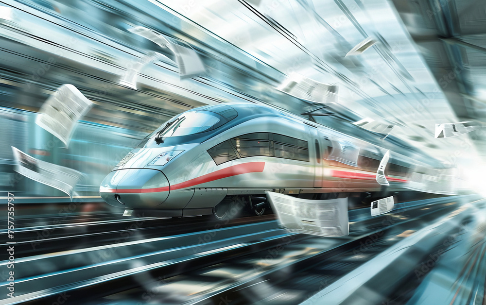 Fototapeta premium A high speed train zooming past a landscape of financial newspapers blowing in the wind symbolizing the fast paced world of financial news