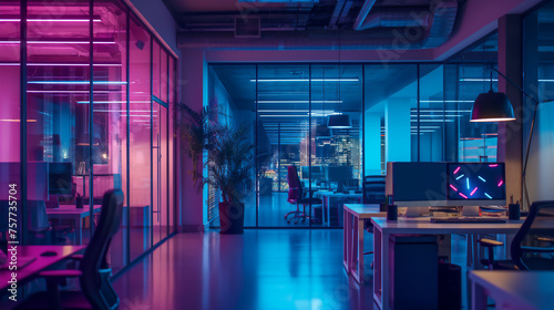 The interior of a contemporary office after hours, with neon lighting casting a futuristic glow over the sleek workspaces