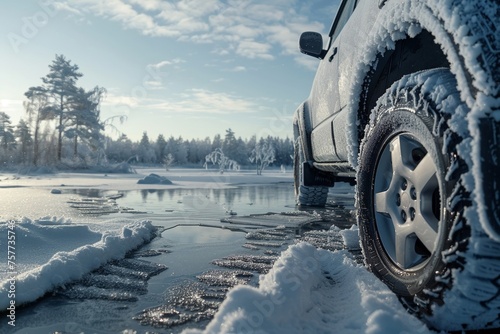 Adventure awaits with snow-clad tires a car paused in a tranquil photo