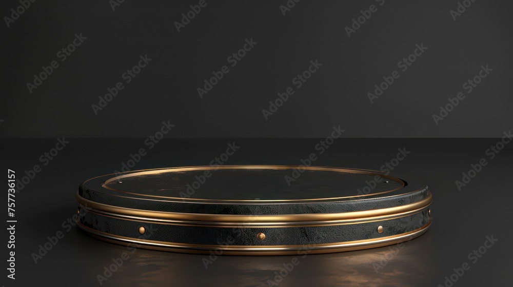 A sleek, opulent black and gold circular podium designed for showcasing products. A sleek, opulent black and gold circular podium designed for showcasing products.