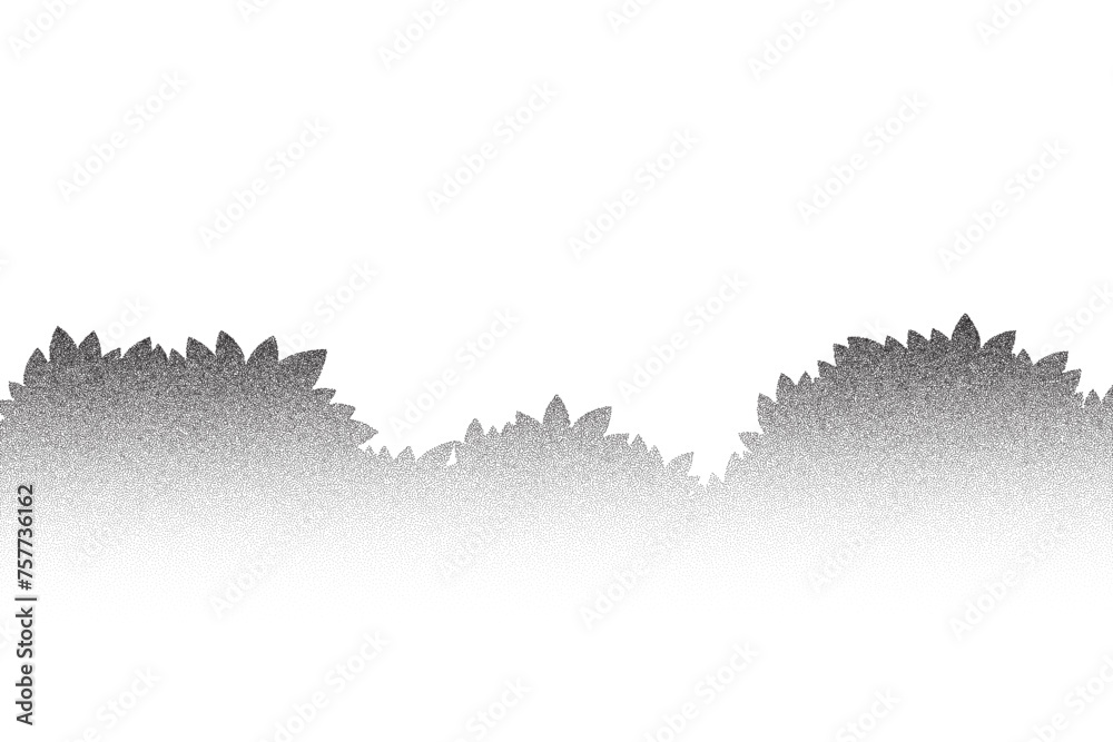 Fototapeta premium Bush stipple vector silhouette. Gradient shrub and grass illustration. Plant hedge landscape. grainy forest foliage with dotted texture.
