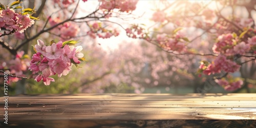 Empty wooden table with a blooming cherry blossom background. © ParinApril