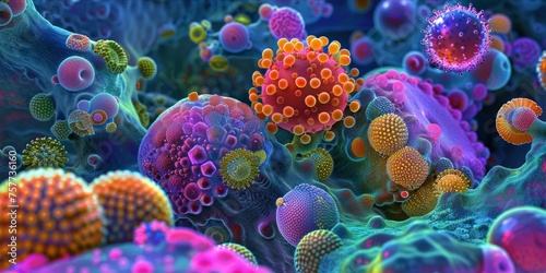 Microscopic view of cells and organisms in vibrant colors.