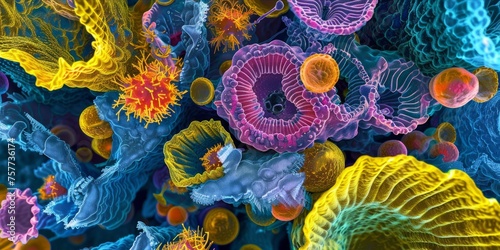 Microscopic view of cells and organisms in vibrant colors.