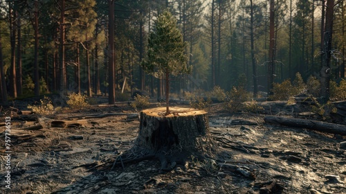 forest was burned. Only a stump with a beautiful top growing out of the middle remained. Reflect on the forest fire problem, photo