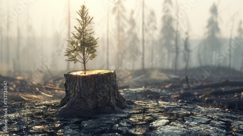 forest was burned. Only a stump with a beautiful top growing out of the middle remained. Reflect on the forest fire problem, photo