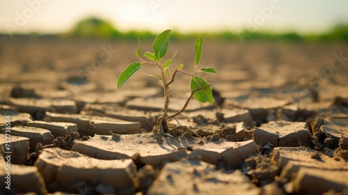 ground is dry and cracked, indicating drought problems. There is only one green sapling that stands out in the midst of the drought. photo