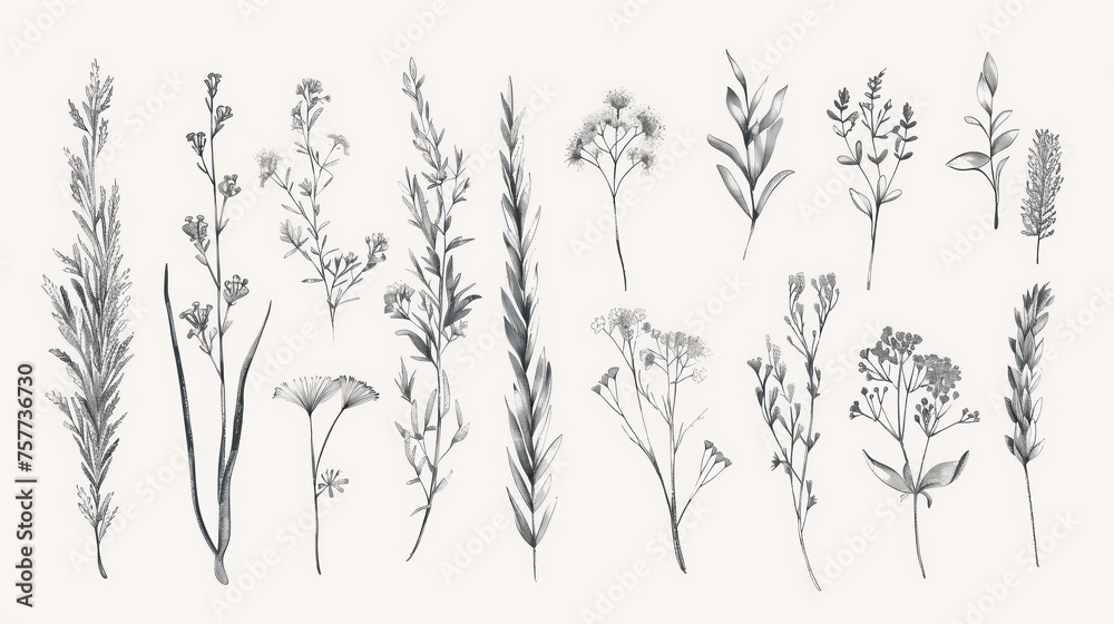 Sketches of flowers and branches from a botanical collection. Sketches of flowers and branches from a botanical collection.