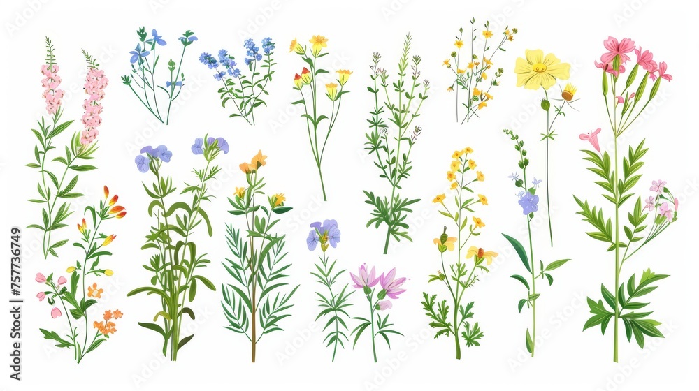 Hand drawn detailed botanical modern illustration of wild herbs, herbaceous flowering plants, blooming flowers, shrubs, and subshrubs isolated on white background.