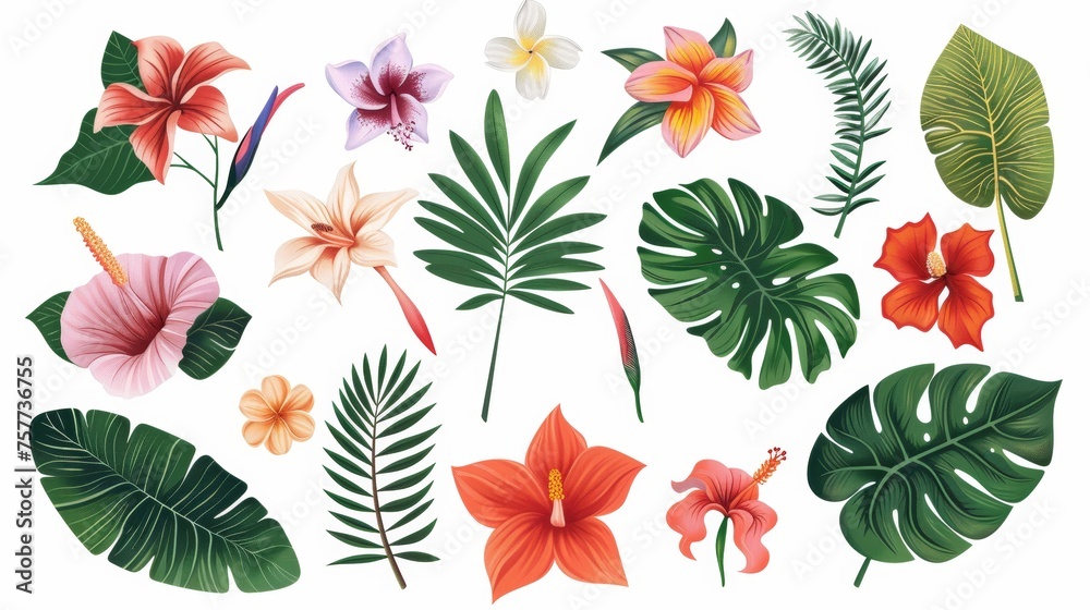 A tropical collection of exotic flowers and leaves. Isolated elements on a white background. Modern design.