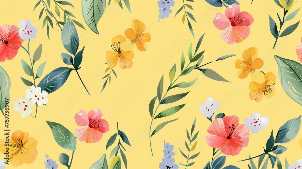 Colorful blooming flowers botanical floral and leaf background modern seamless pattern.