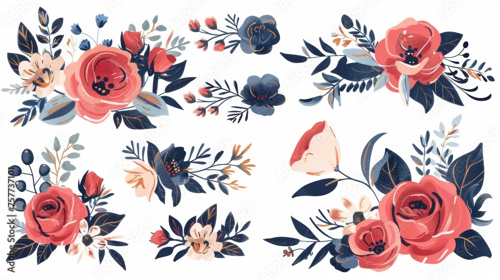 Roses, leaves, floral bouquets, and flowers arranged in a romantic composition. Roses, leaves, floral bouquets, and flowers arranged in a romantic composition.