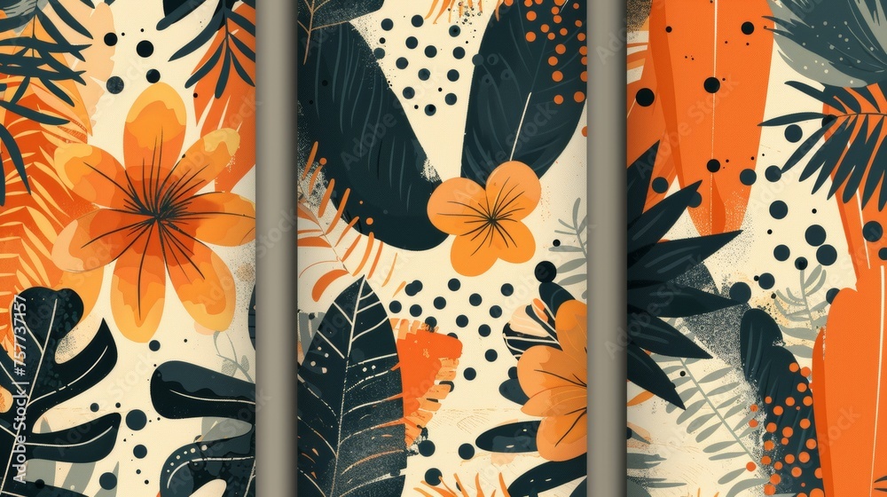 This seamless pattern set combines orange floral and polka dot shapes for a modern exotic design that can be used for wallpaper, covers, fabrics, interior decors, and much more. - obrazy, fototapety, plakaty 