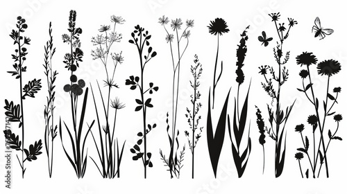 Hand drawn sketch flowers and insects isolated on white background. Black silhouettes of grasses  flowers  and herbs.