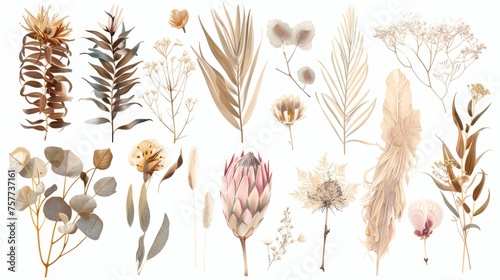 Modern illustration set with a protea flower, tropic palm, pale orchid, eucalyptus and dried tropical leaves. Trendy winter, autumn wedding bouquets, vintage decoration.
