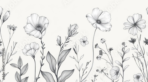 Botanical rustic background with trendy wildflowers and minimalist flowers for wedding invitations. Hand drawn line herb  elegant leaves for wedding invitations.