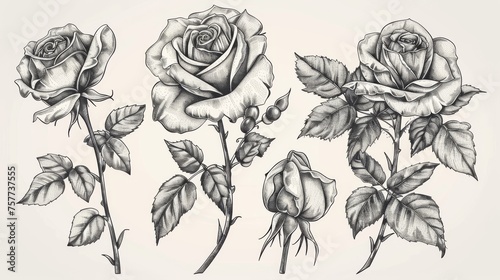 High-quality hand-drawn roses set.