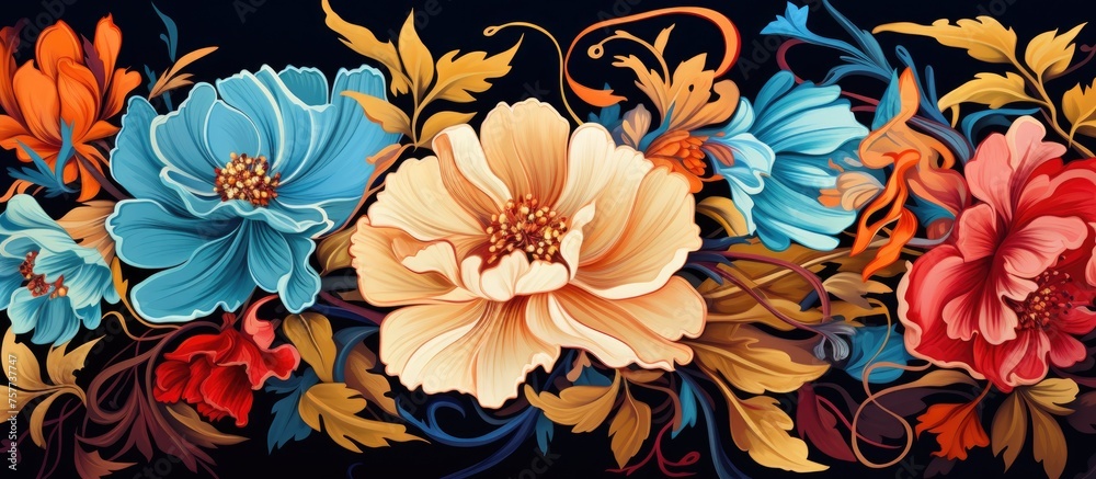 A vibrant row of colorful flowers and leaves creating a beautiful pattern on a black background, showcasing the natural beauty of flowering plants and petals