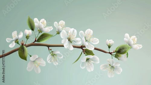 The blossoming cherry branch is adorned with white flowers. The modern illustration is realistic and detailed.