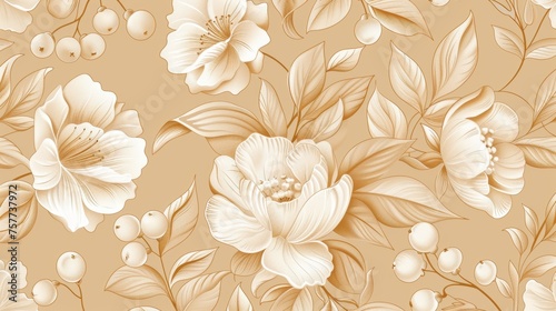 The background is beige with stylized silhouettes of flowers and berries. The flowers are white in color.