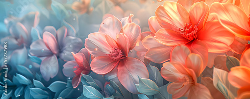 Spectacular pastel template of flower designs with leaves and petals, natural blossom artwork features with multicolor and shapes, digital art 3d illustration.