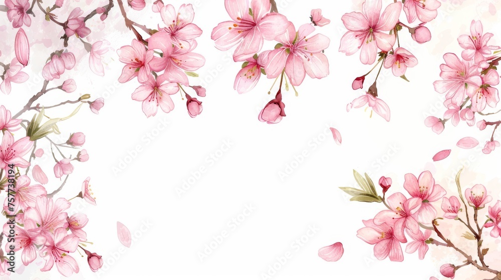 Hand drawn Japanese flowers on a white background. Watercolor sakura frame. Cherry blossom branches on white background. Modern illustration of Japanese flowers.