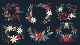 An illustrated collection of vintage Merry Christmas and Happy New Year flowers, berries, leaves, wreaths, laurel. Good for cards or posters.