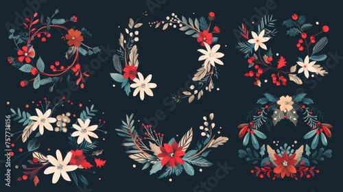 An illustrated collection of vintage Merry Christmas and Happy New Year flowers  berries  leaves  wreaths  laurel. Good for cards or posters.