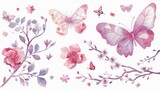In vintage style, watercolor floral branches, flowers, and butterflies are displayed.