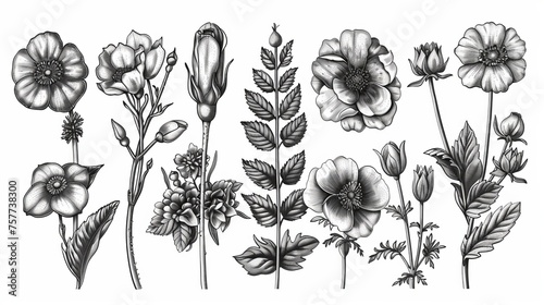 Illustration inspired by engravings of vintage flowers in black and white.