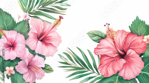 Flowers bouquet with hibiscus petals  leaves  and floral elements on white background. Modern design frame with summer garden and wildflowers.
