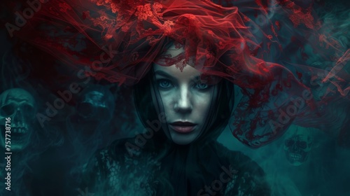 a woman with a red gothic veil surrounded by ghosts, dark tones