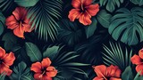 On dark background, seamless hand drawn tropical modern pattern with bright hibiscus flowers.