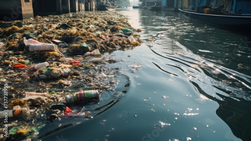 The river is full of plastic waste. Dead aquatic animals everywhere Depicts the problem of water pollution. photo