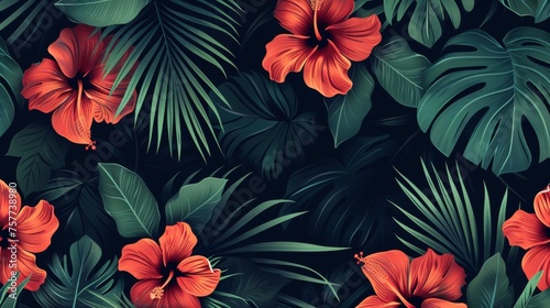 On dark background  seamless hand drawn tropical modern pattern with bright hibiscus flowers.