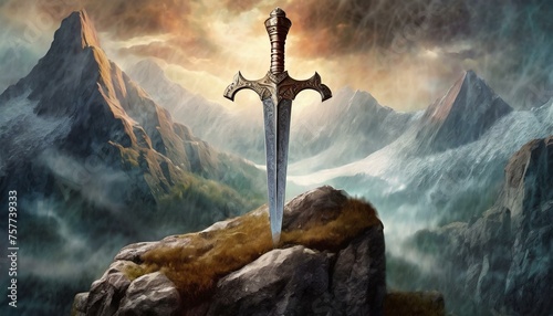cross on the hill, Sword stuck in a rock like in the Excalibur legend , the mythical sword of king Arthur